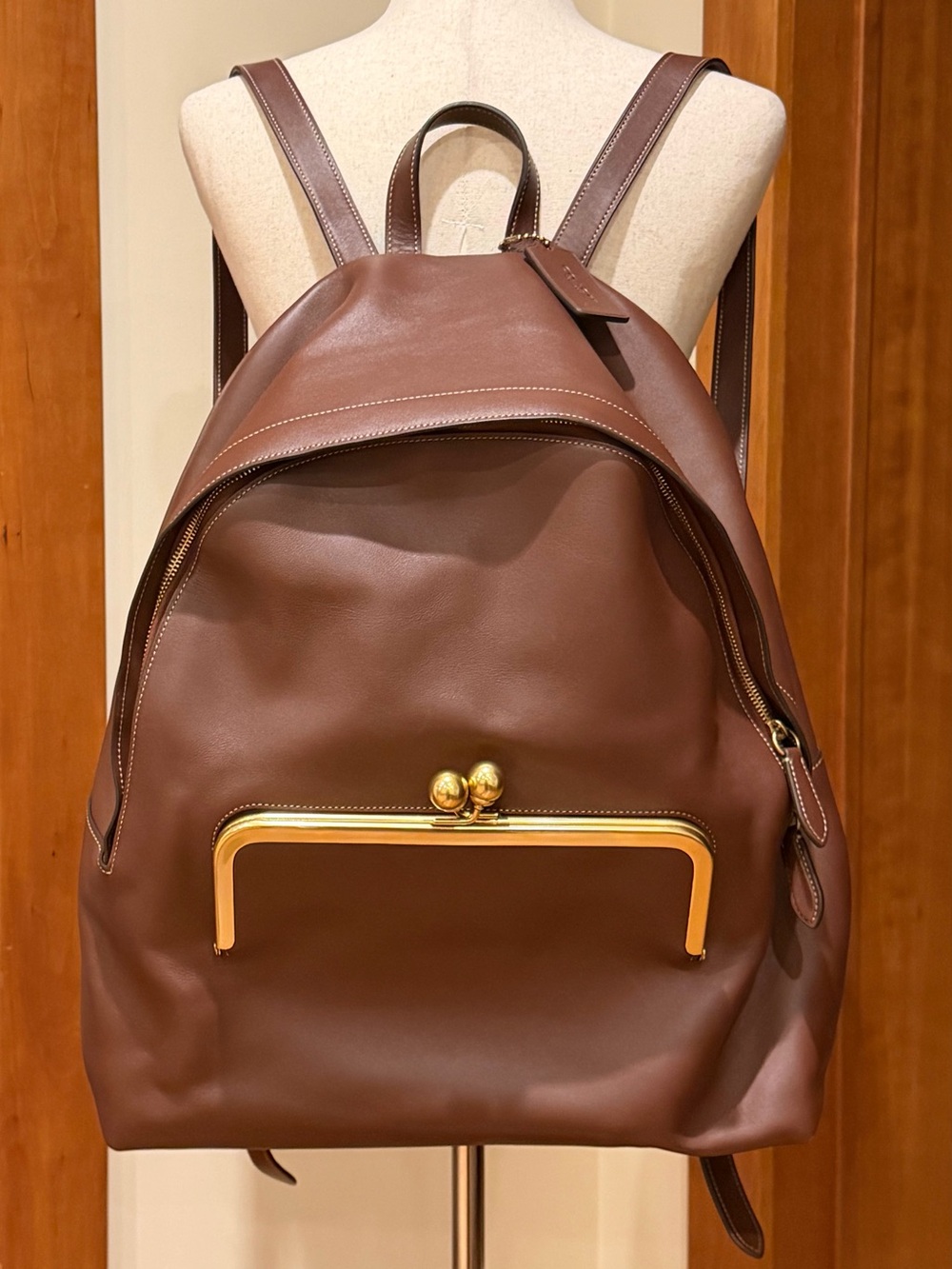 Coach Brown Leather Framed Kisslock Backpack with Gold Hardware